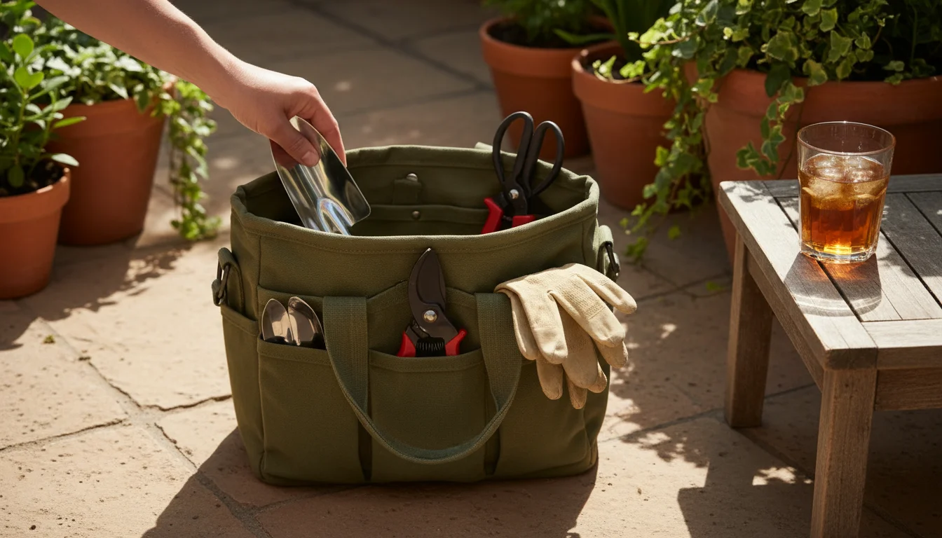 Hand reaching into an olive-green fabric tool tote filled with trowel, snips, and gloves on a sunny patio amidst container herbs.