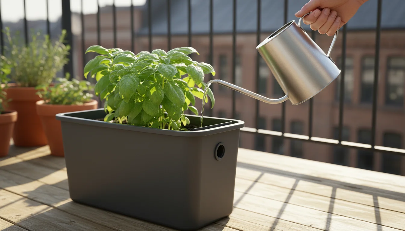 Close-up of a hand refilling a sleek, dark gray self-watering planter with vibrant basil on a sunny urban balcony.
