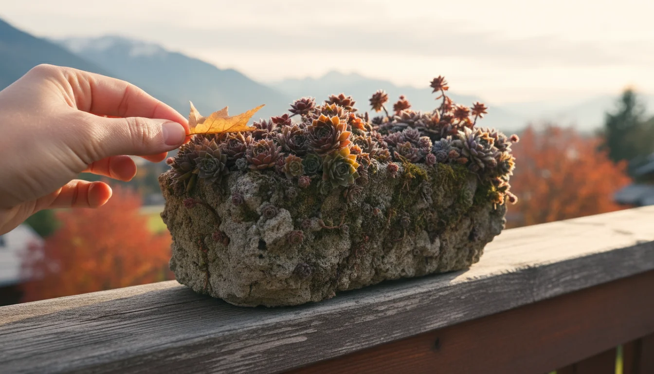 Hand gently removes a fallen leaf from a thriving alpine trough on a balcony railing in late autumn.