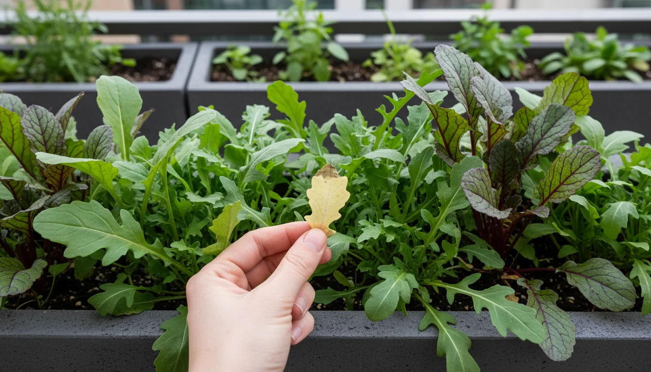 A hand gently removes a yellowed leaf from vibrant green arugula plants in a dark grey window box.