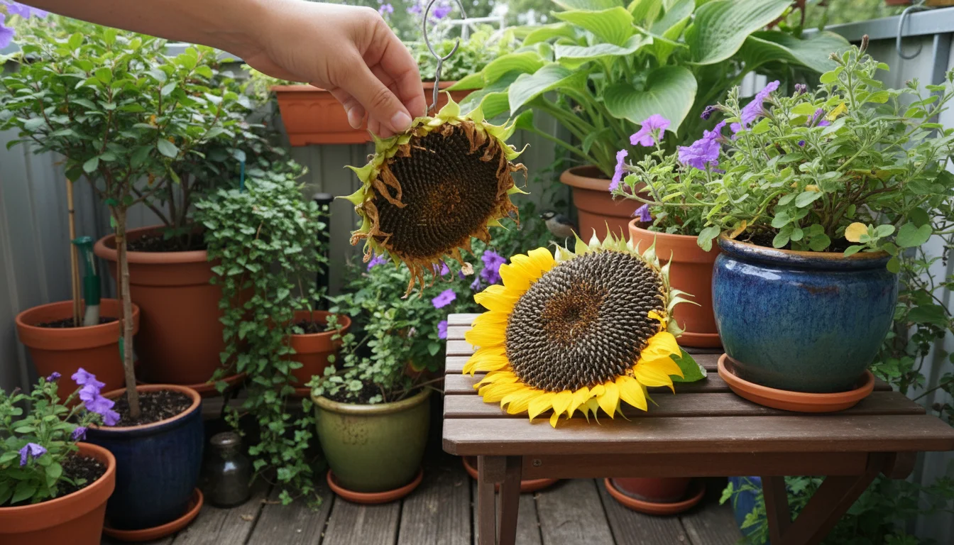 Hand replacing a weathered sunflower seed feeder with a fresh one on a sheltered balcony among potted plants.