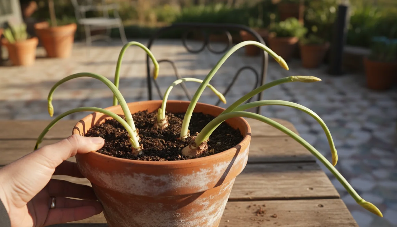 A hand repositions a terracotta pot containing leggy, pale green paperwhite shoots that are stretching for light on a sunny patio.