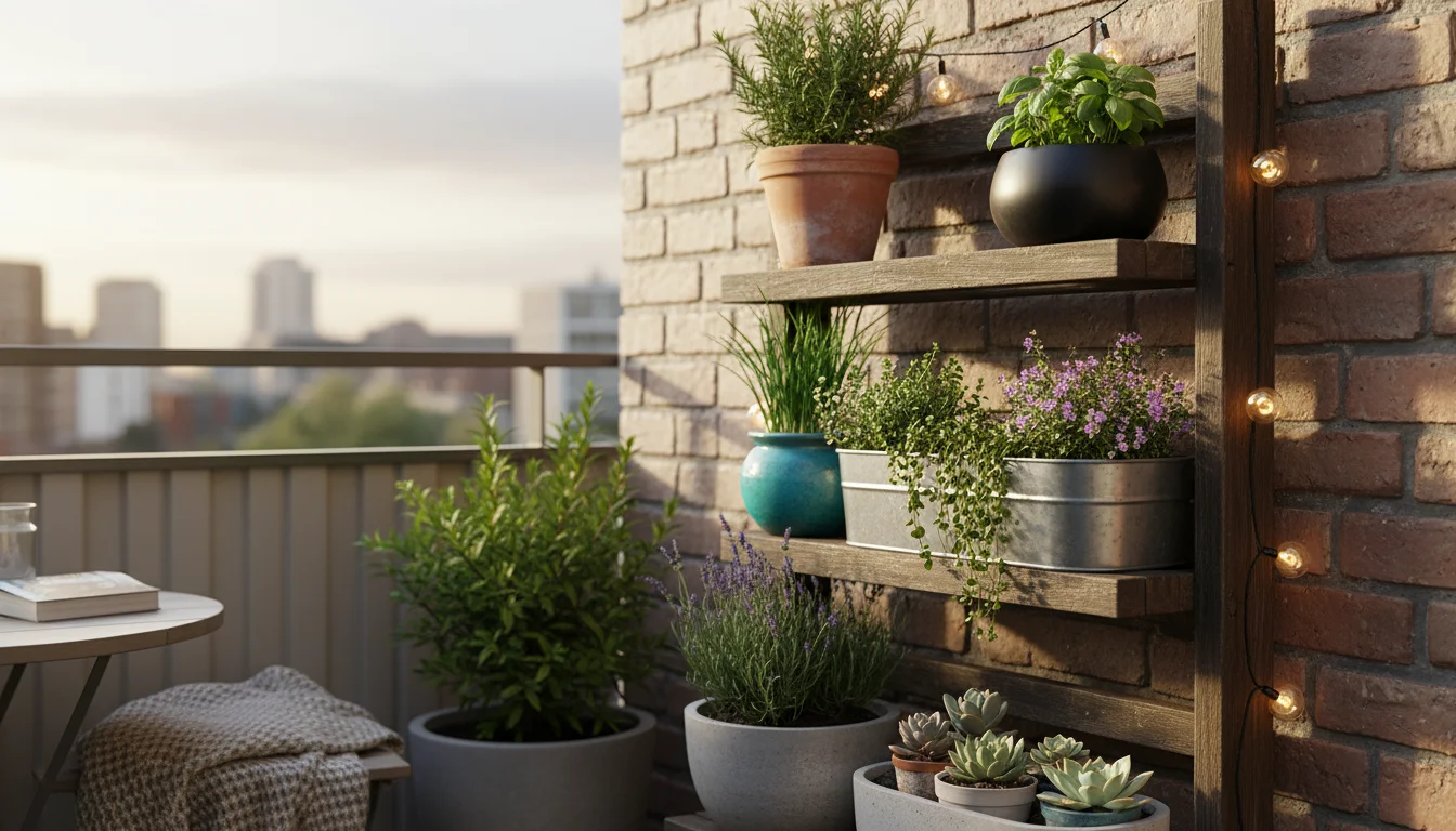 Eye-level shot of a hand resting on a watering can, next to a tiered vertical garden with mixed pots of herbs and flowers on an urban balcony.