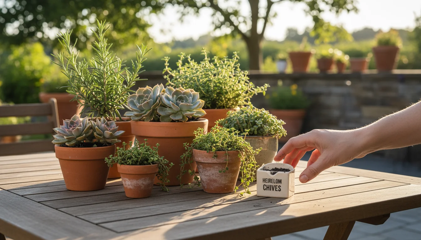 A hand rests by an open gardening journal amidst small potted herbs and succulents on a warm wooden patio table.
