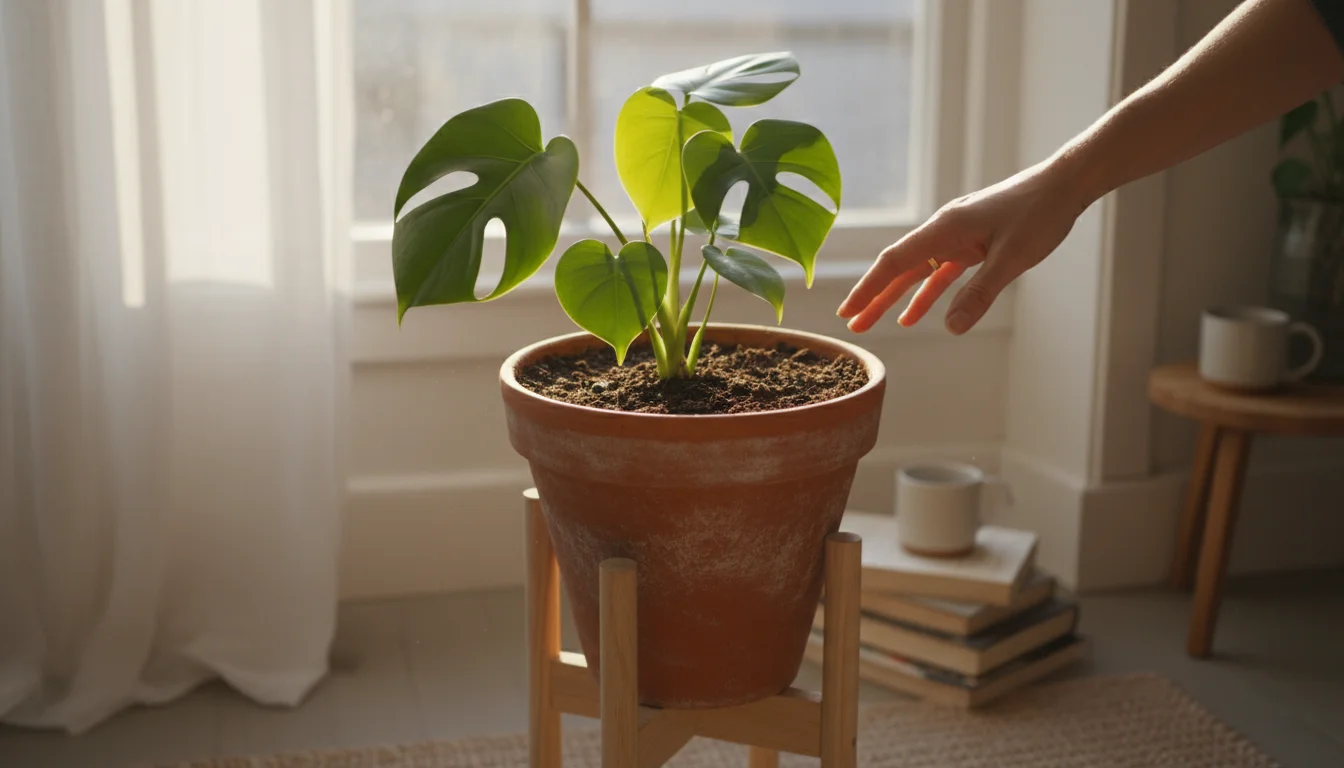 A hand rests on a terracotta pot, observing the dark, healthy soil of a Monstera plant in a sunlit indoor corner.