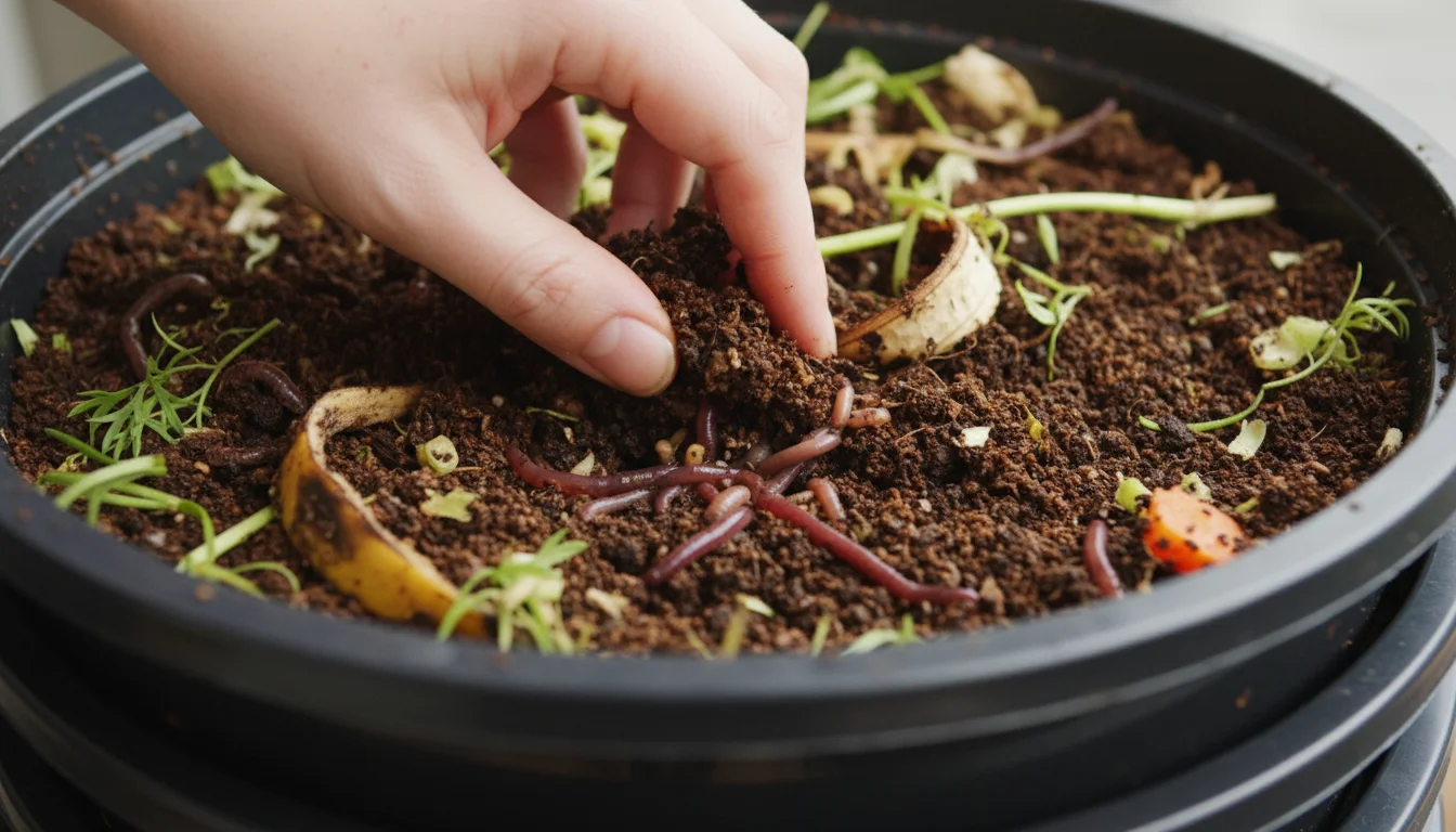 Close-up of a hand gently revealing active red wiggler worms and decomposing food scraps in the top tray of a multi-tiered worm composting bin.