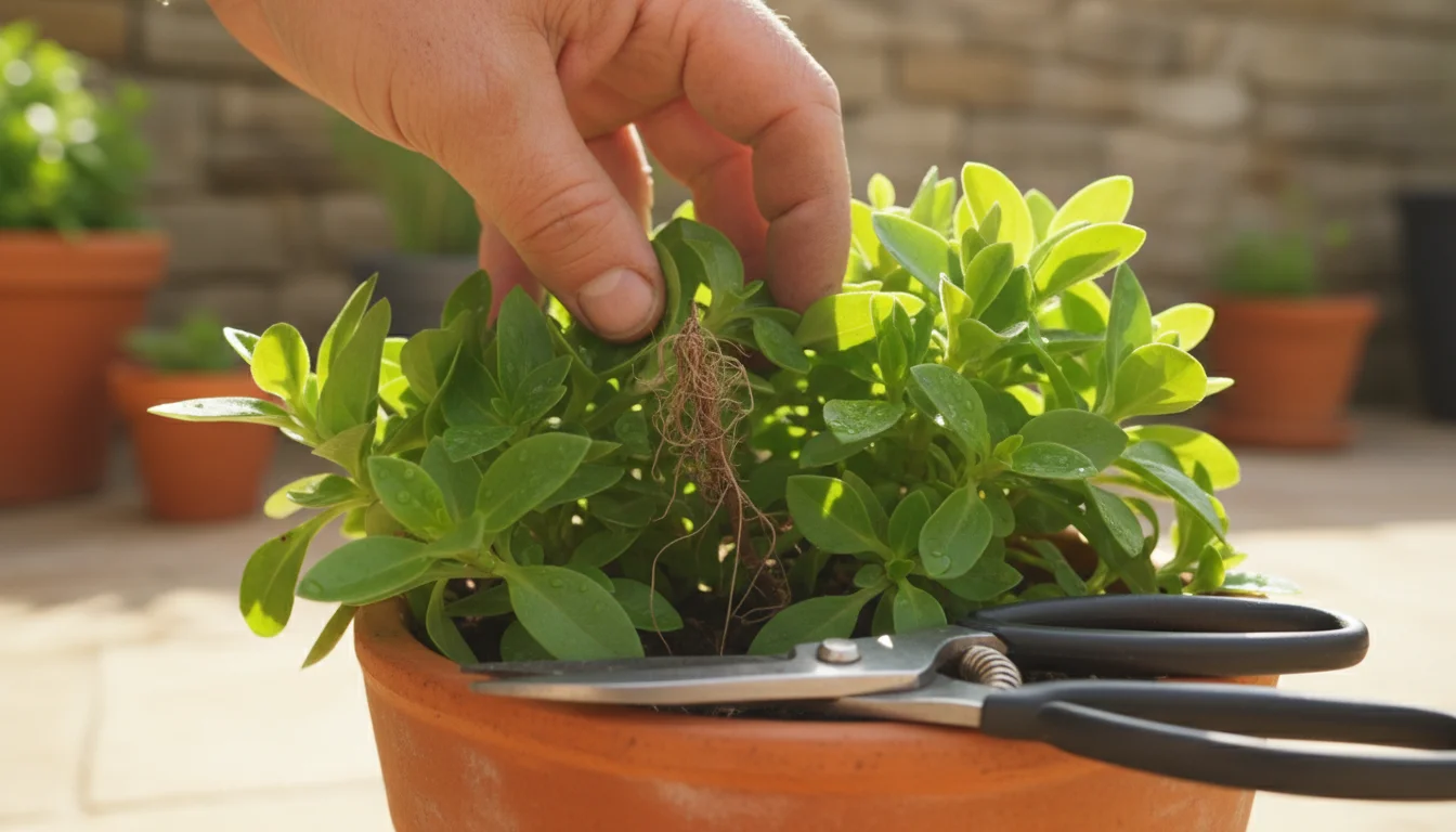 Hand gently reveals a shriveled brown stem hidden among healthy green leaves of a potted plant, with pruning shears nearby.