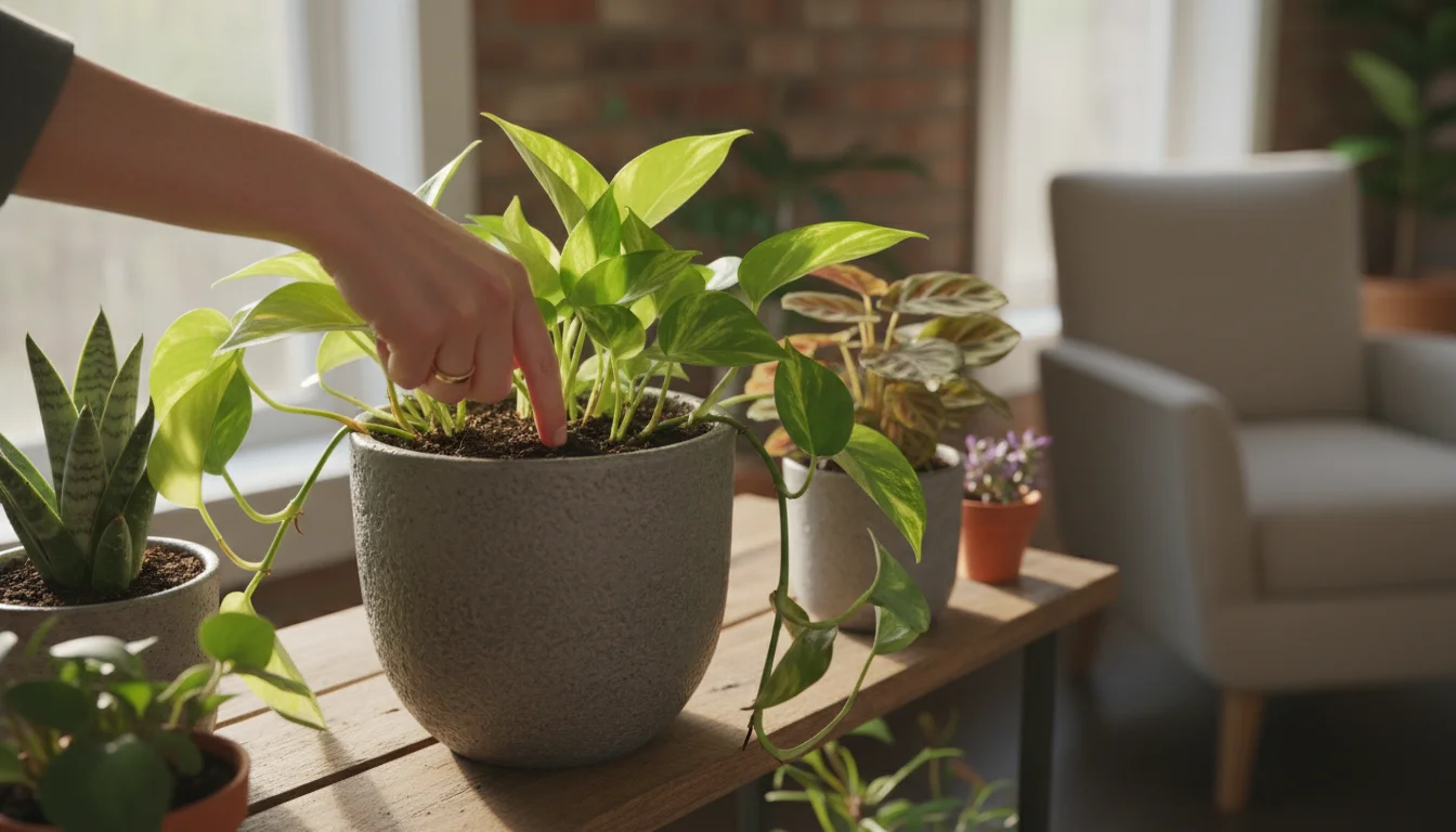 A hand with a ring checks the soil moisture of a Pothos plant in a gray pot, part of a small group on a wooden balcony planter.