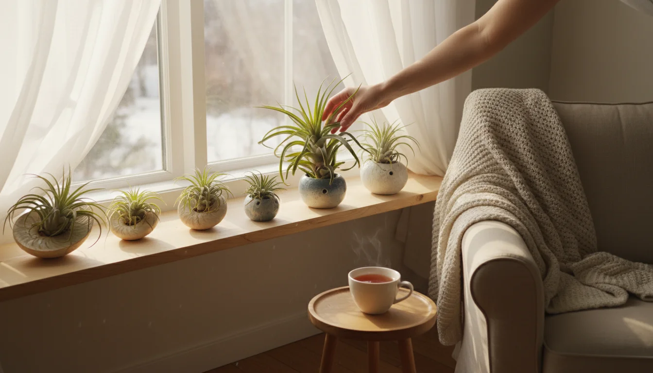A hand gently rotates a tillandsia air plant on a simple wooden shelf next to a bright window with a sheer curtain, illustrating winter light adjustme