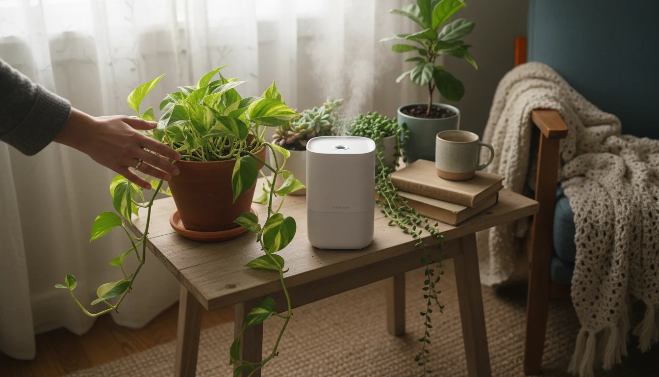 A hand rotates a vining plant on a table with a small humidifier and grouped plants on a pebble tray nearby, under natural light.