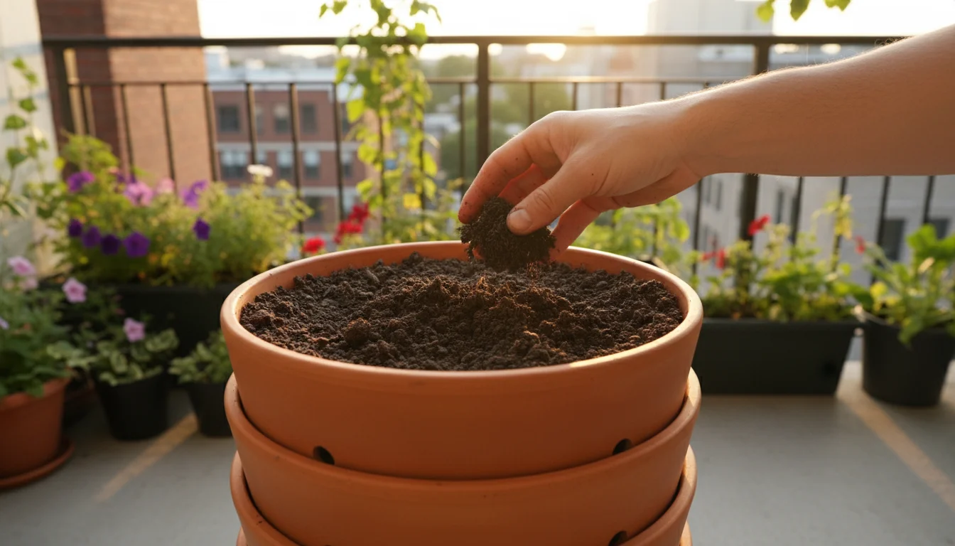 A hand scoops dark, crumbly worm castings from a compact vermicomposting bin on a sun-dappled balcony, with container plants in the background.