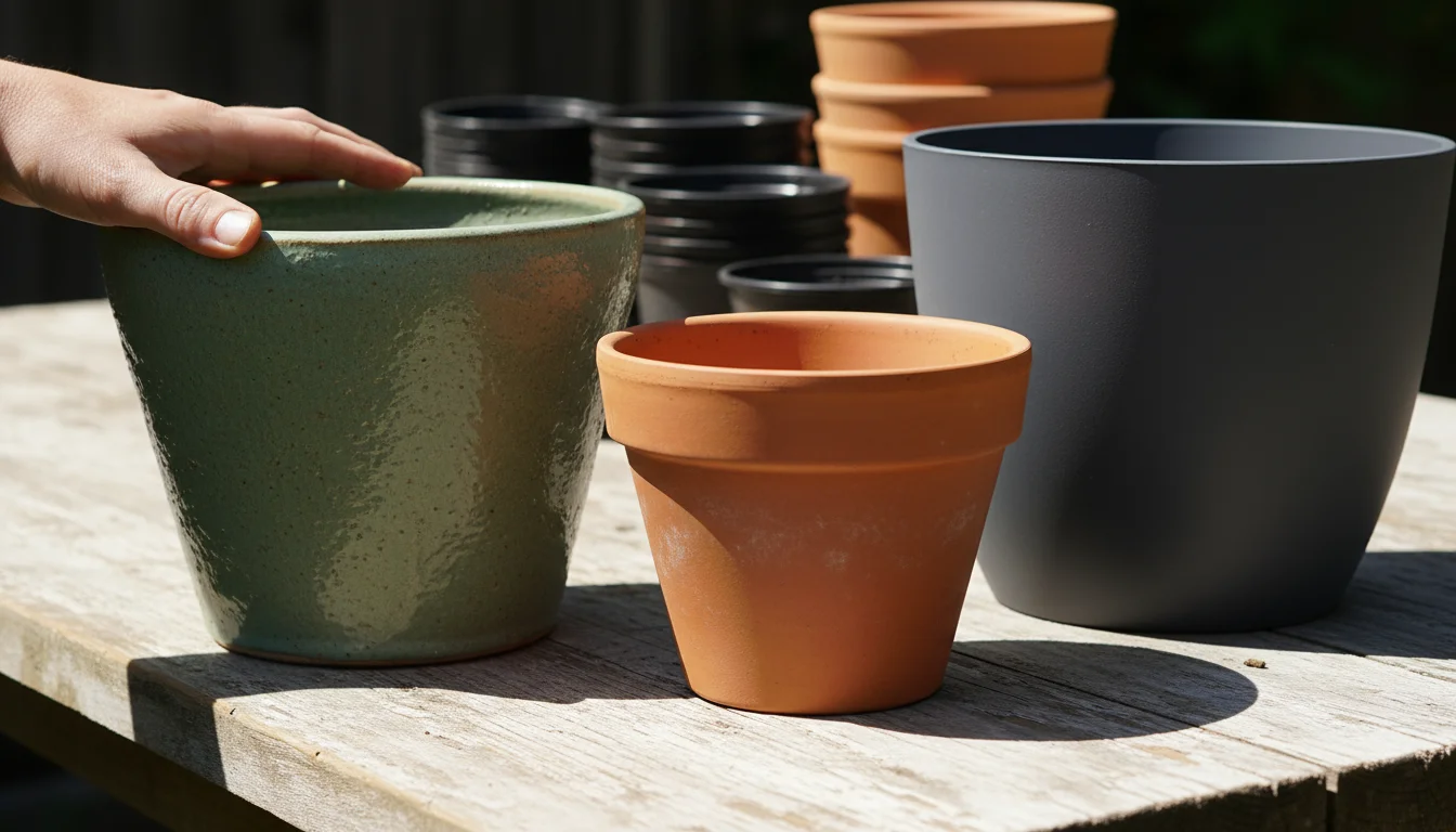 A hand selects from empty large pots: a green glazed ceramic, terra cotta, and charcoal fiberglass, on a wooden surface.