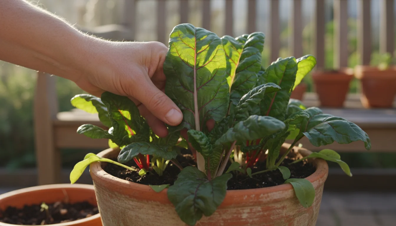 A hand gently separates a vibrant green Swiss chard leaf, about 7-8 inches long, in a terracotta pot on a sunny balcony.