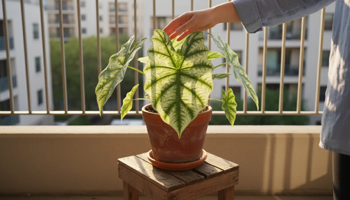 A hand gently shades a rare variegated Alocasia on a balcony plant stand, showing filtered light.