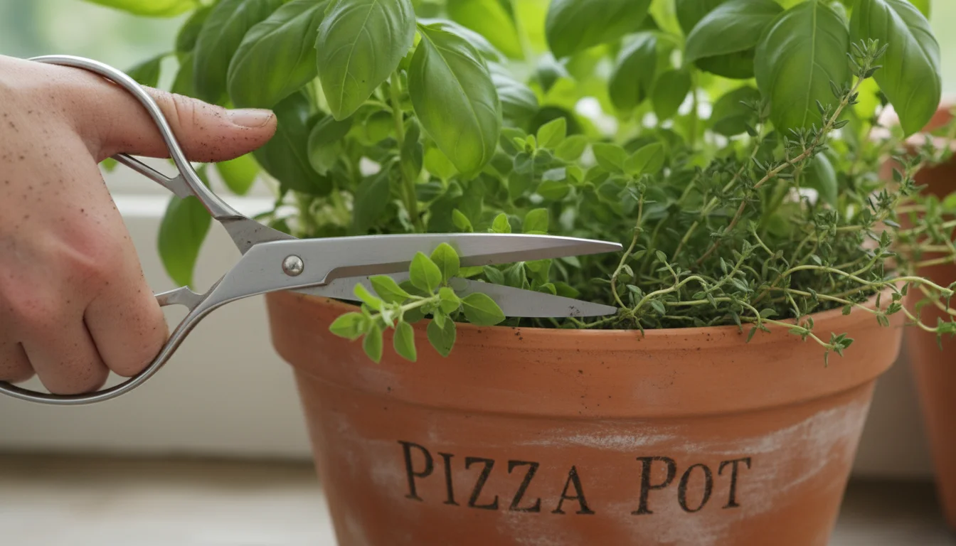 Close-up of a hand with sharp kitchen shears harvesting fresh oregano from a mixed herb 'Pizza Pot' in gentle morning light on a patio.