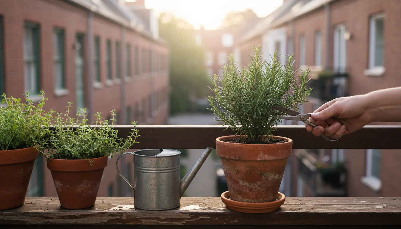 Eye-level shot of a hand with shears harvesting a sprig from a bushy rosemary plant in a terracotta pot on a sunny urban balcony.