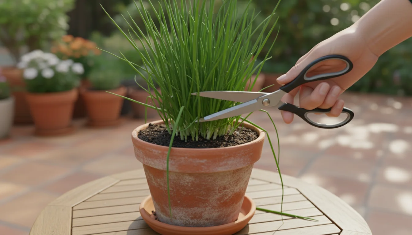 Close-up of a hand with shears snipping vibrant green chive blades near the base of the plant in a terracotta pot on a sunny patio.