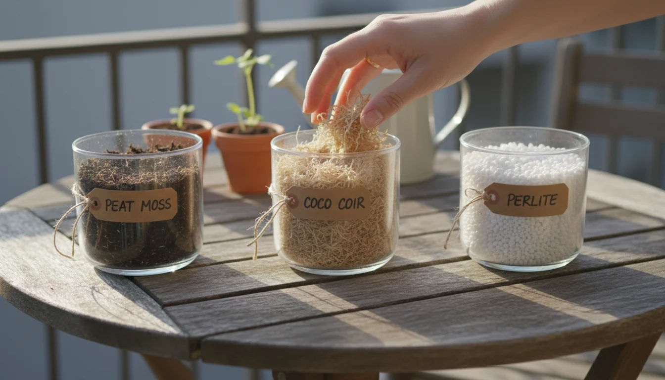 Close-up of a hand sifting coco coir from a container, surrounded by peat moss and perlite on a small wooden balcony table.