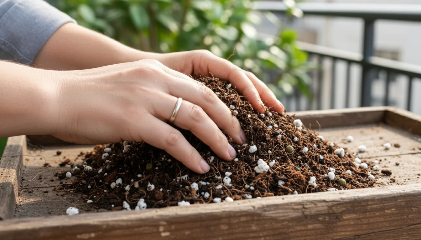 Close-up of a hand gently sifting high-quality potting mix on a wooden surface, showing fibrous coco coir, dark particles, and perlite.