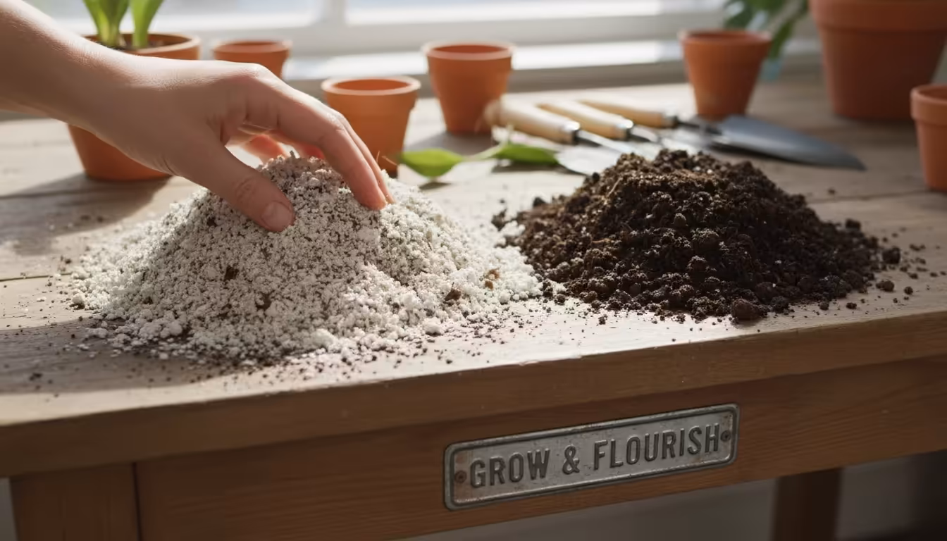 Close-up of a hand sifting light, airy potting mix next to a dense, dark pile of garden soil on a wooden bench.