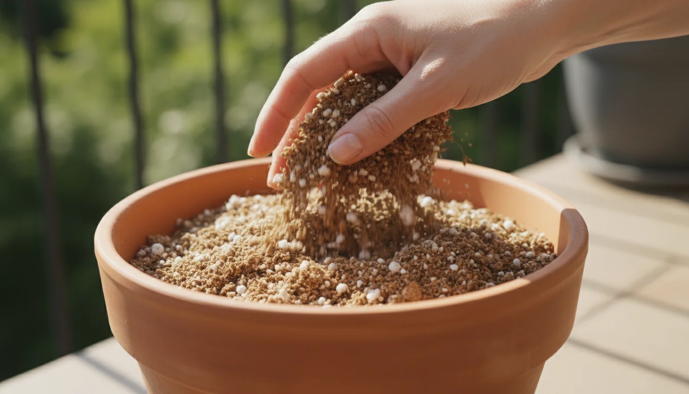 A hand sifting lightweight, perlite-rich potting mix into a terracotta pot, highlighting its fluffy, well-draining texture for containers.