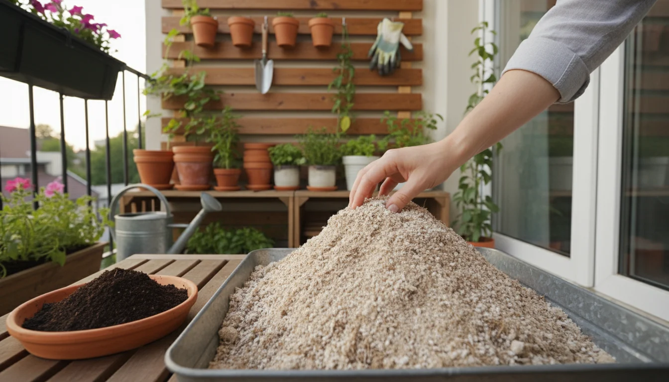 A hand sifts light potting mix on a balcony table, contrasting with a dense clump of garden soil and a pile of compost.