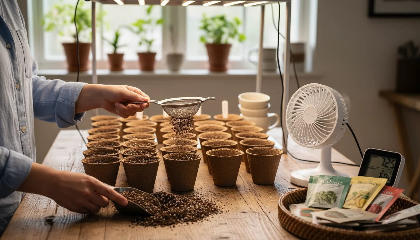 A hand sifts soil through a small sieve on a kitchen counter setup with a fan, thermometer, trowel, and seed-starting pots.