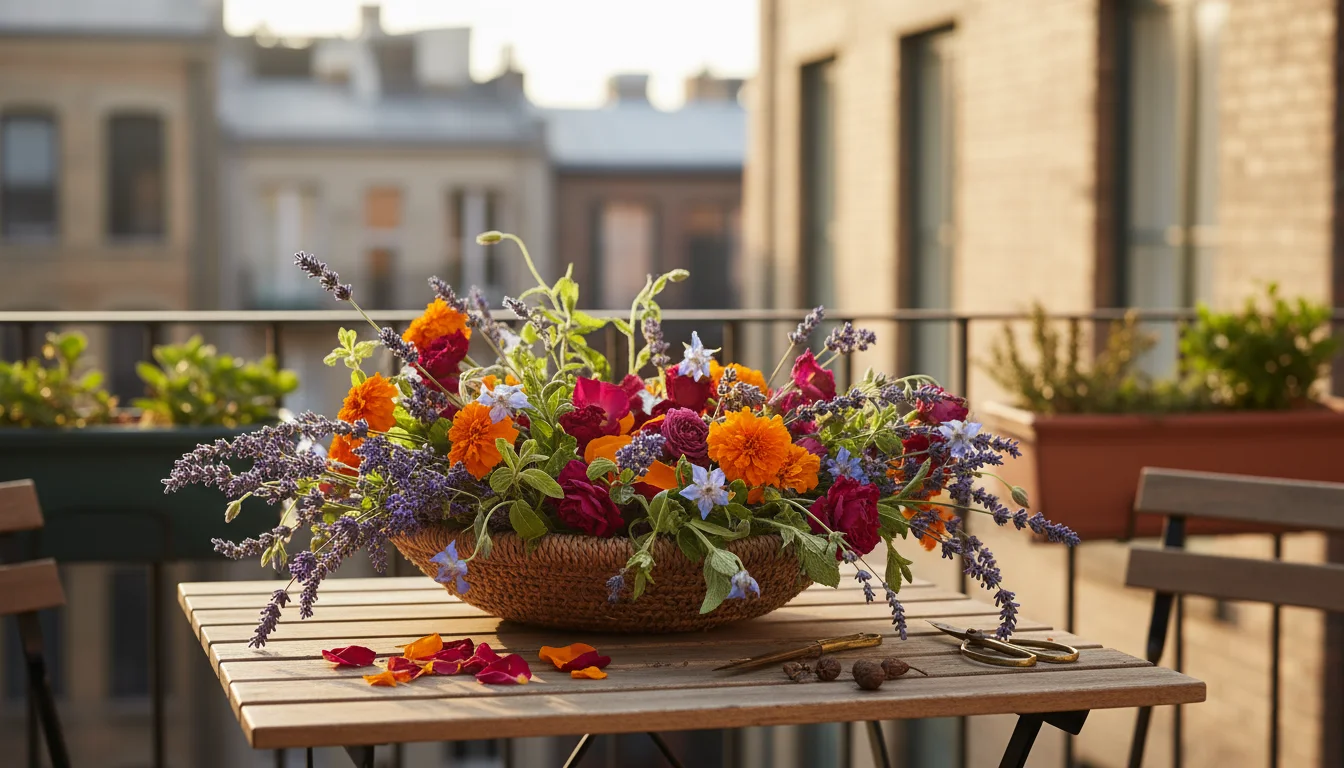 A hand gently sifts through a woven basket filled with colorful dried lavender, rose, marigold, and mint petals on a balcony table.