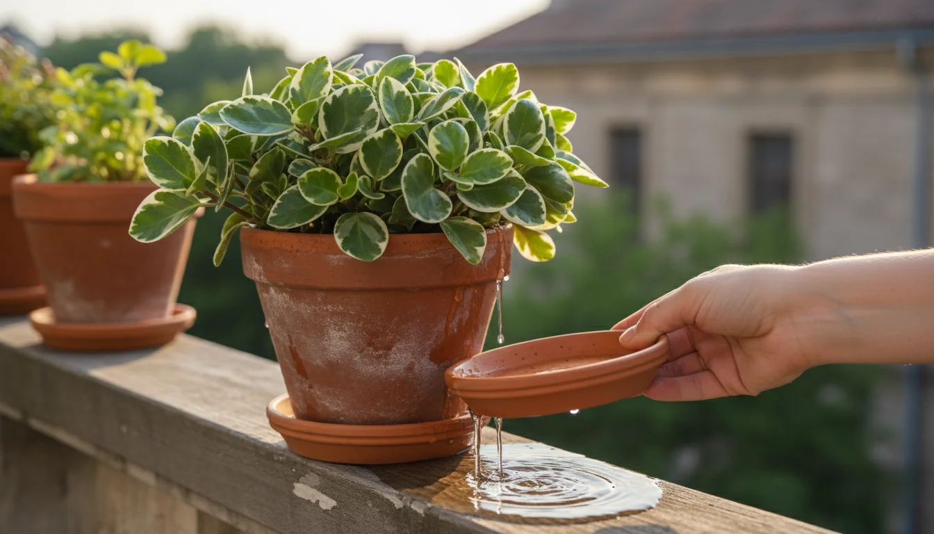 A hand slides a terracotta saucer from beneath a draining terracotta pot with a green houseplant, revealing collected water.