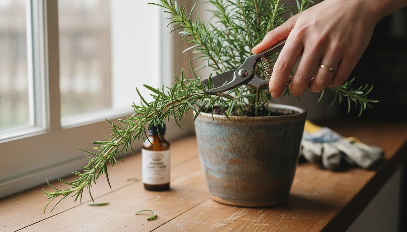 A hand with small shears prunes an indoor rosemary plant in a ceramic pot on a wooden windowsill, soft natural light.