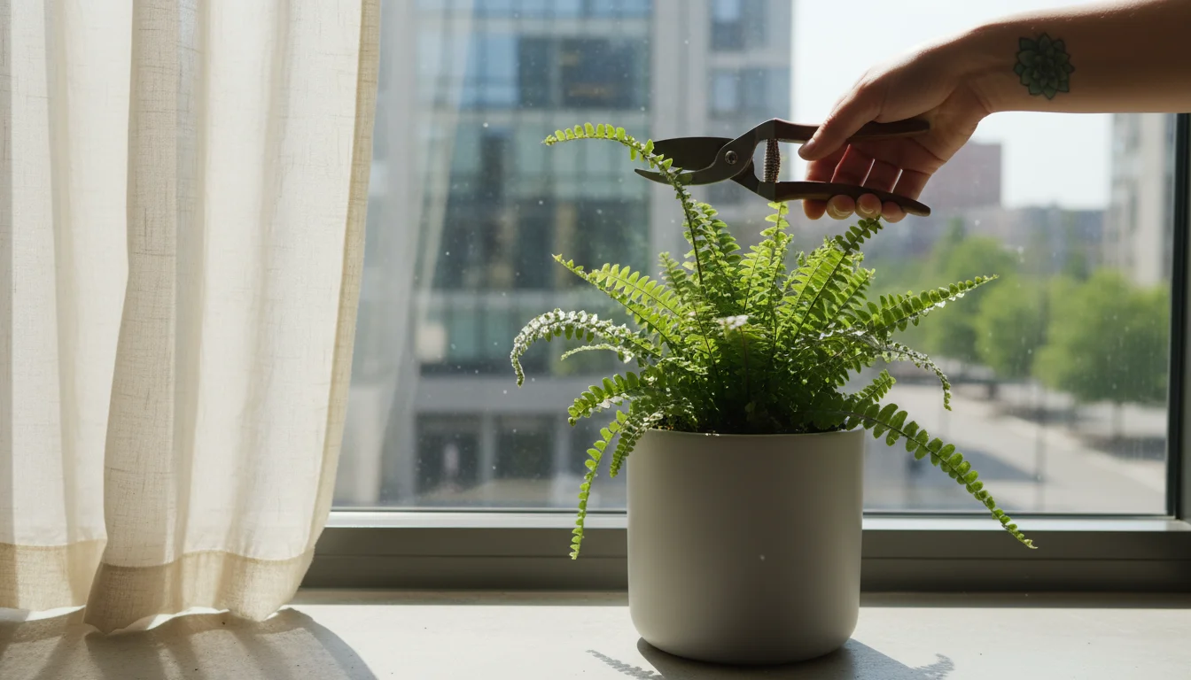 Hand with small shears removes a mildew-spotted frond from a Boston fern in a pot on a sunny windowsill with a billowing curtain.