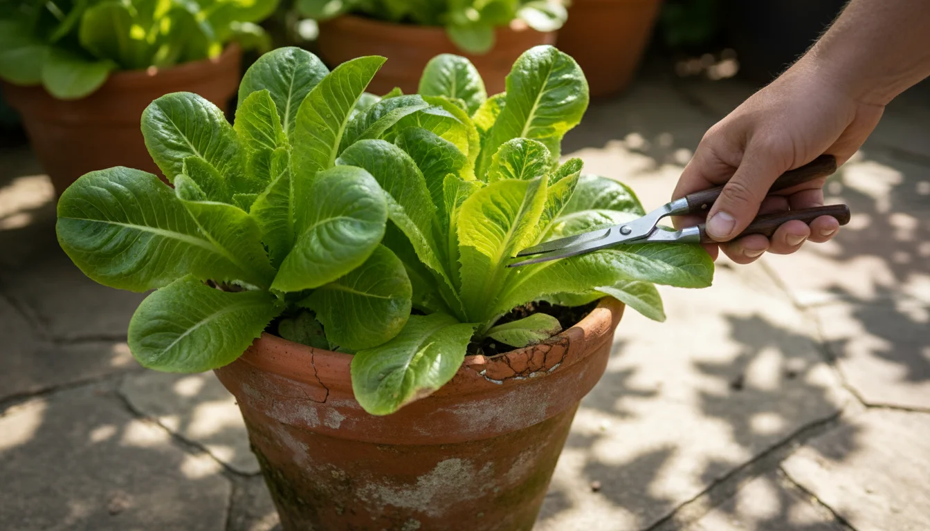 Close-up of a hand with small snips about to cut an outer leaf of loose-leaf lettuce in a terracotta pot, leaving the core intact.