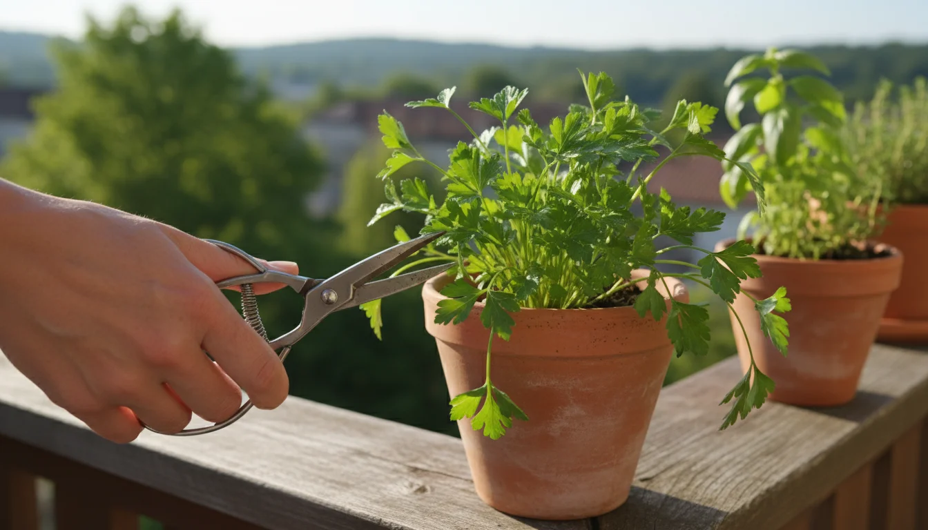 A hand gently snips fresh flat-leaf parsley from a terracotta pot on a sunny wooden balcony railing, highlighting its everyday use.