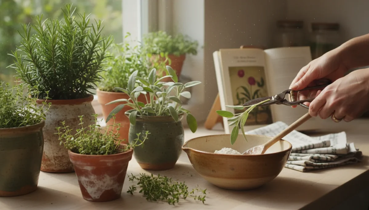 A hand snips fresh sage from a terracotta pot into a mixing bowl with stuffing ingredients on a sunlit kitchen counter.