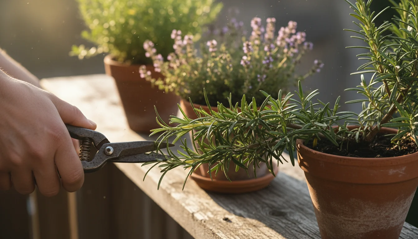 A hand snips a robust rosemary sprig from a terracotta pot on a balcony railing, surrounded by other green container herbs.