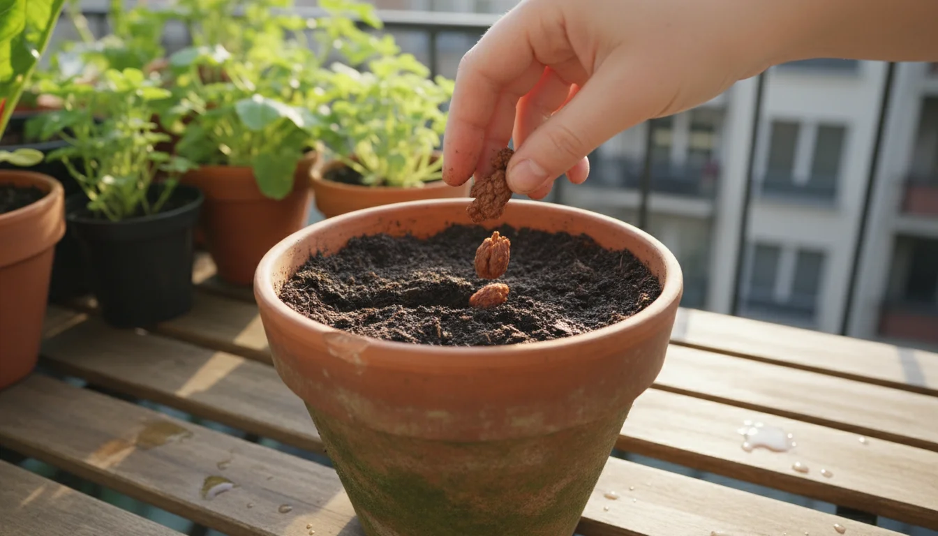A hand sowing large Swiss chard seeds into moist potting mix in a terracotta pot on a rustic wooden balcony table.