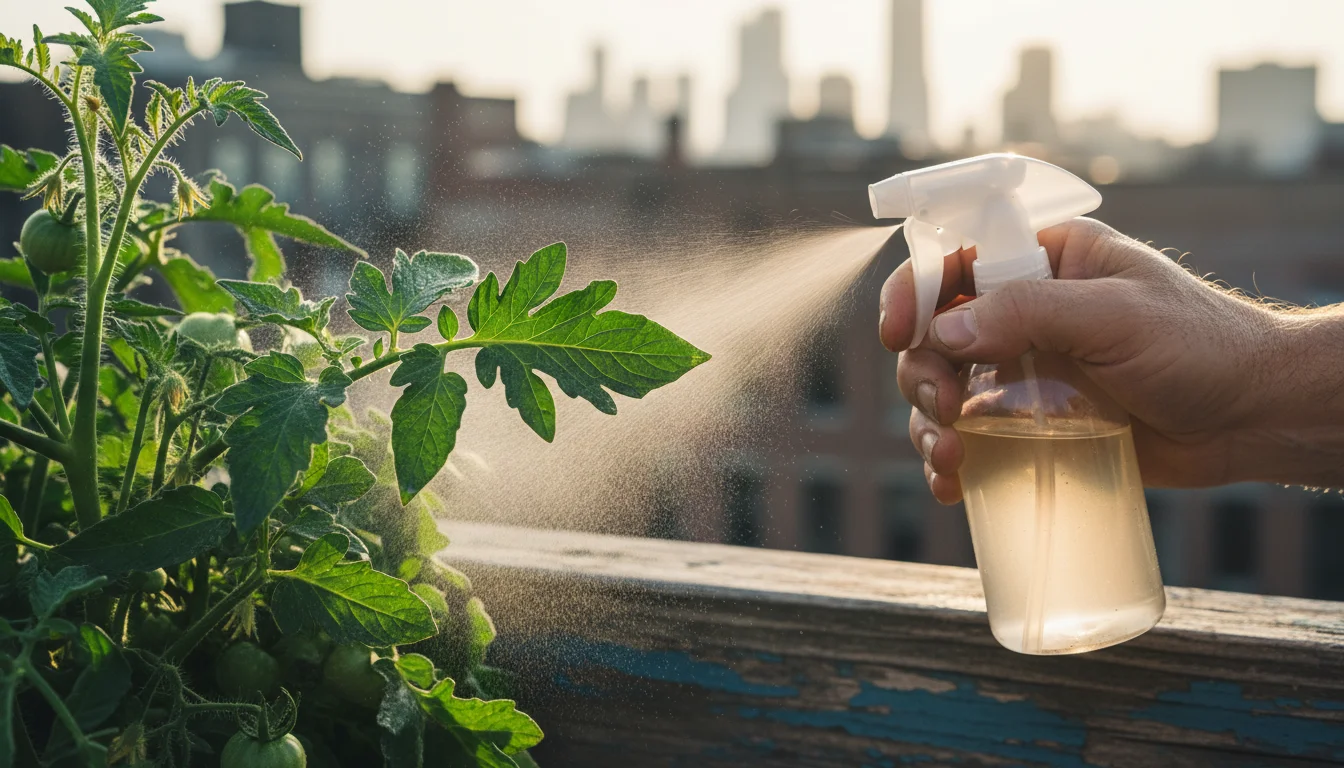 Close-up of a hand spraying a natural solution onto the underside of a potted tomato plant leaf with visible aphids on a balcony.