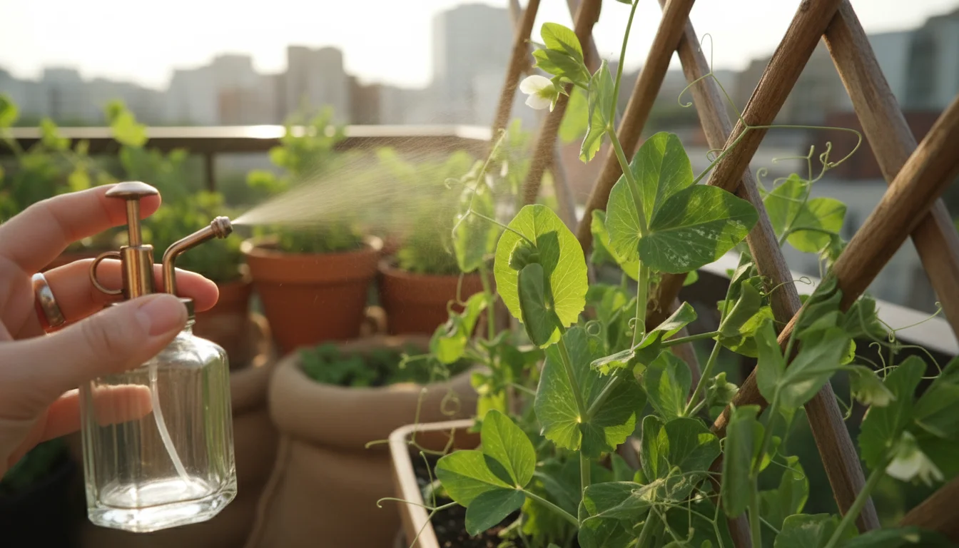 Hand gently sprays a pea leaf with a subtle powdery mildew patch on a vertical balcony trellis, emphasizing early pest control.