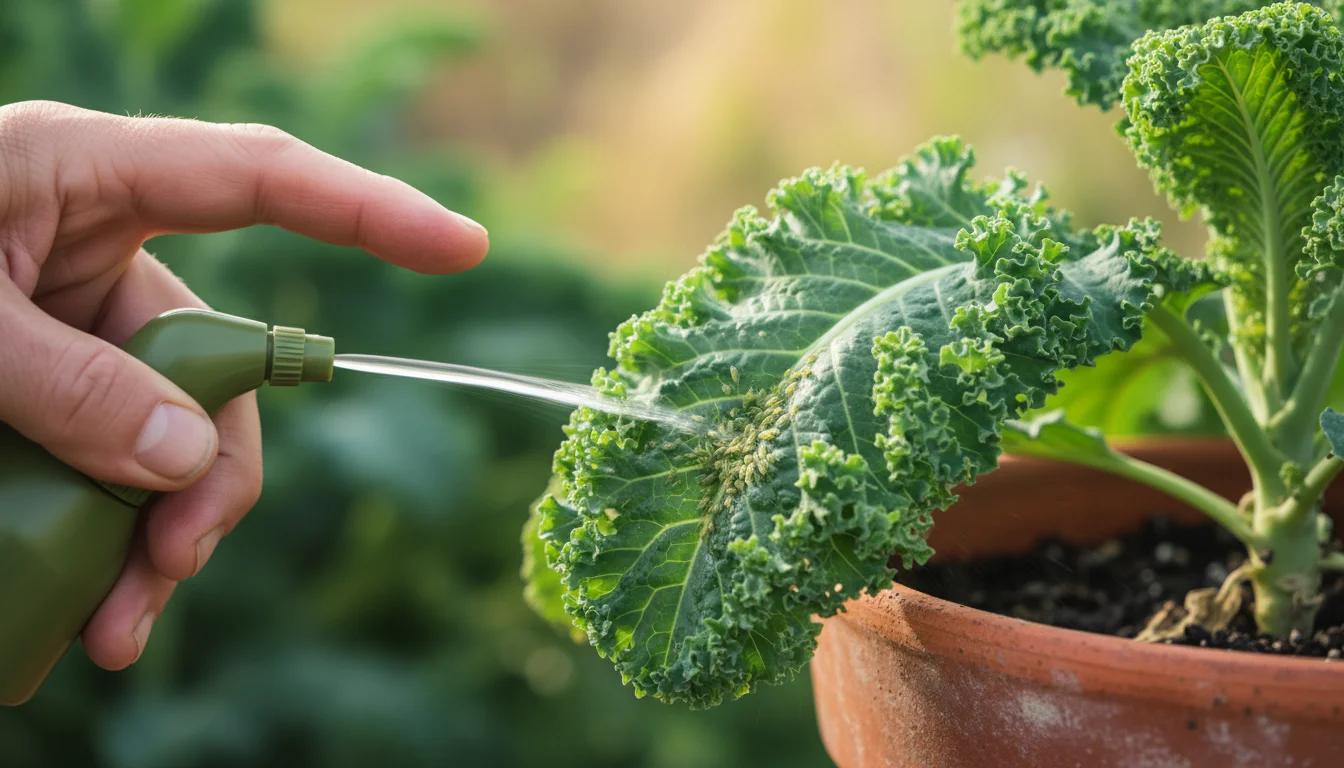A hand sprays water onto a kale leaf to dislodge small aphids on a patio container plant.