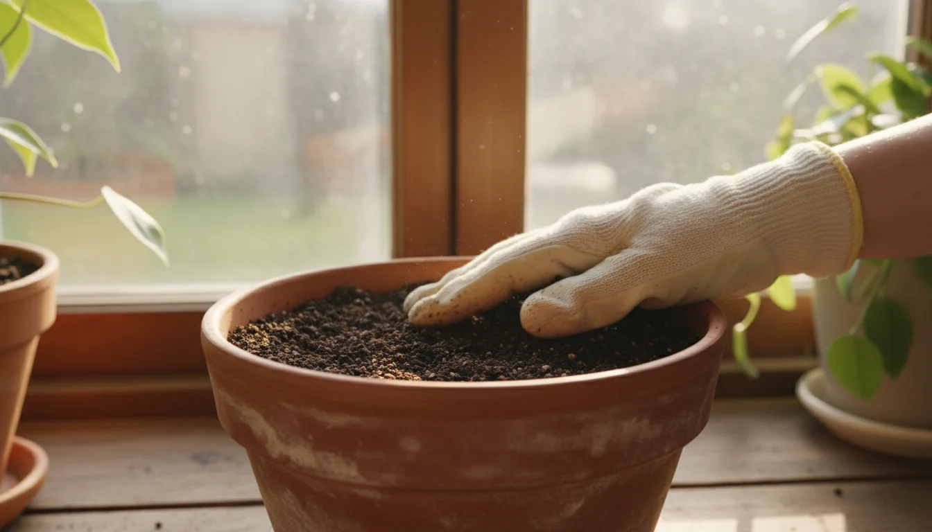 Hand spreading dark potting mix into the bottom of a terracotta pot on a sunlit windowsill.