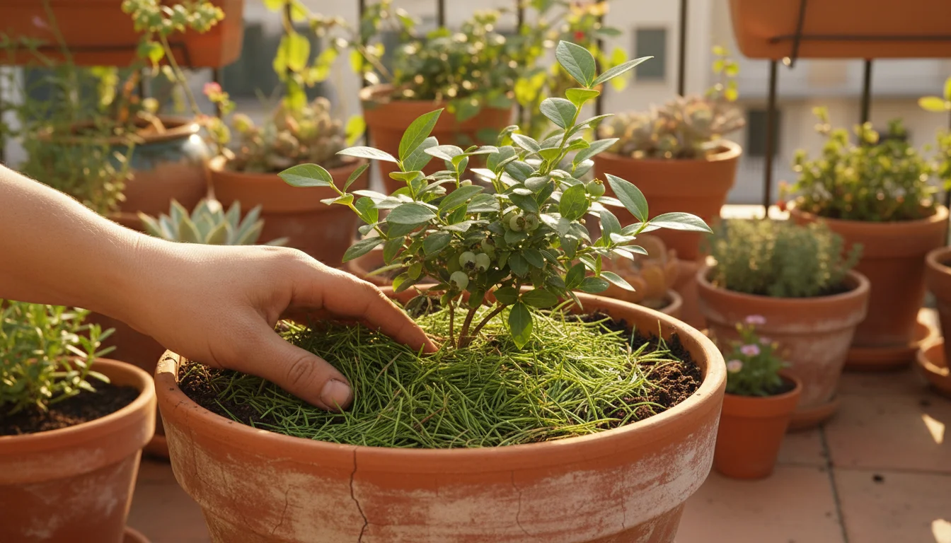 A hand carefully spreads fresh, green pine needles around the base of a blueberry bush growing in a terracotta pot.