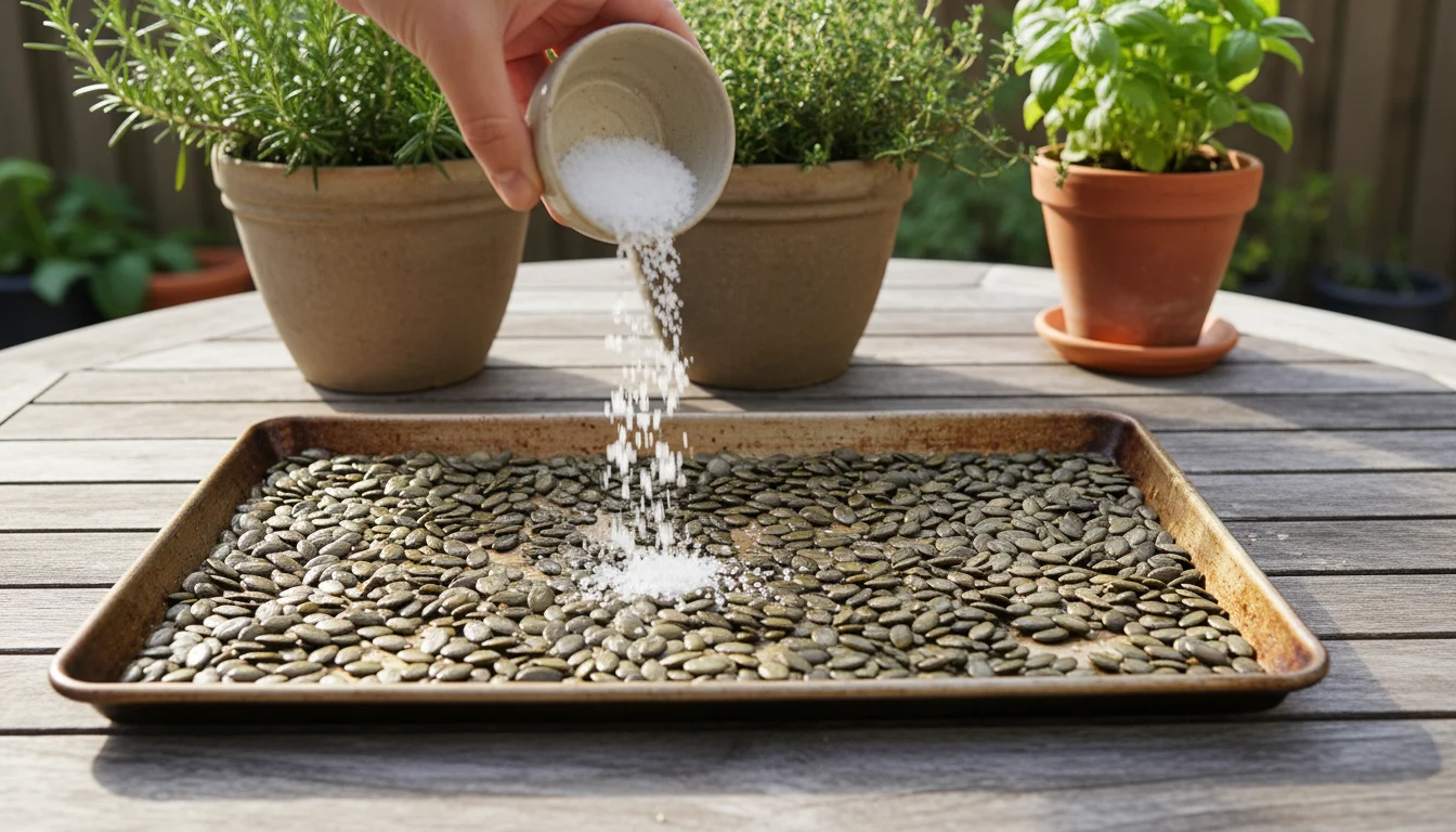 A hand sprinkles coarse sea salt over pumpkin seeds on a small metal baking sheet, set on a wooden patio table.