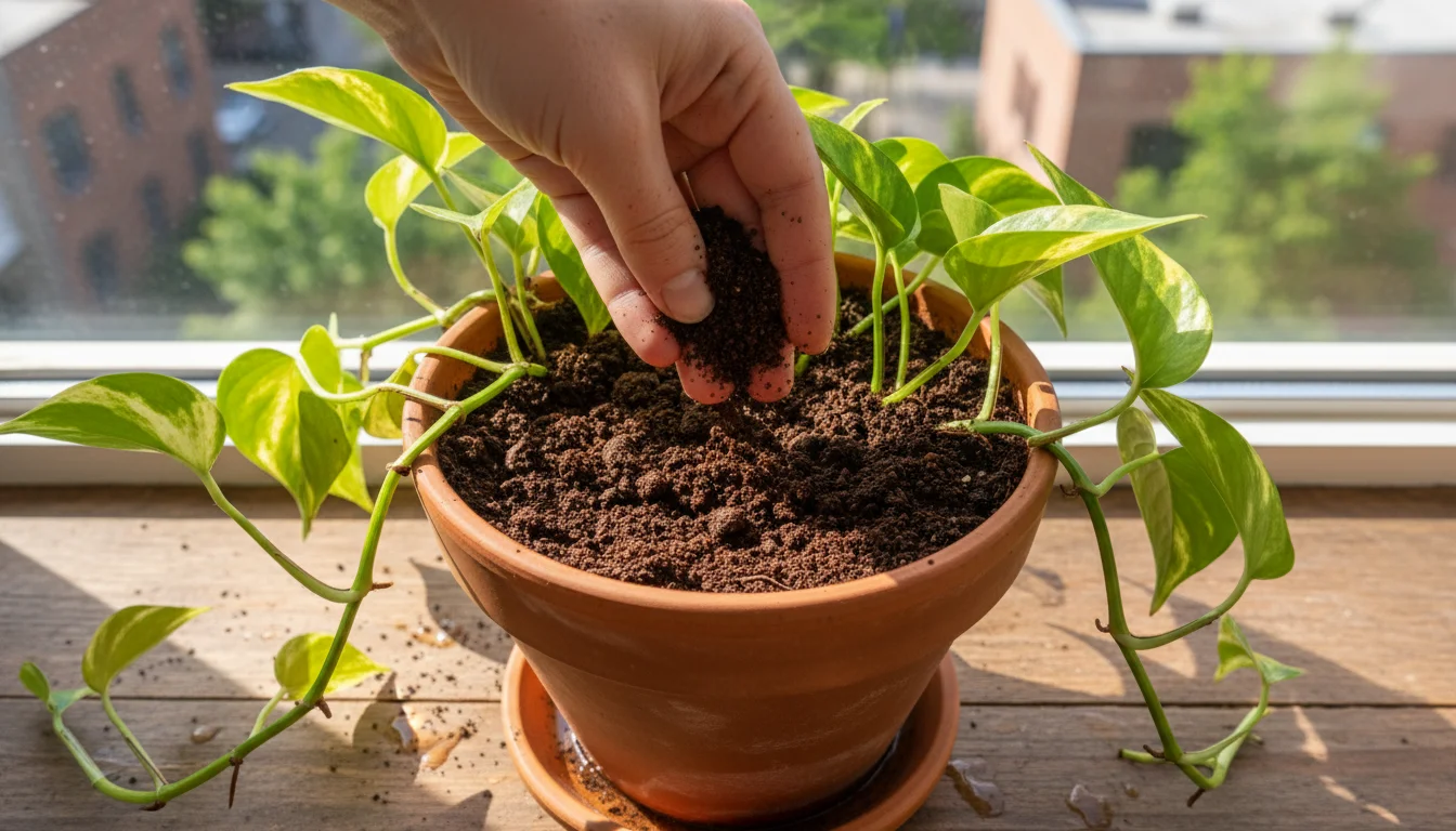 A hand sprinkles damp coffee grounds onto the soil of a healthy Pothos plant in a terracotta pot on a sunny windowsill.