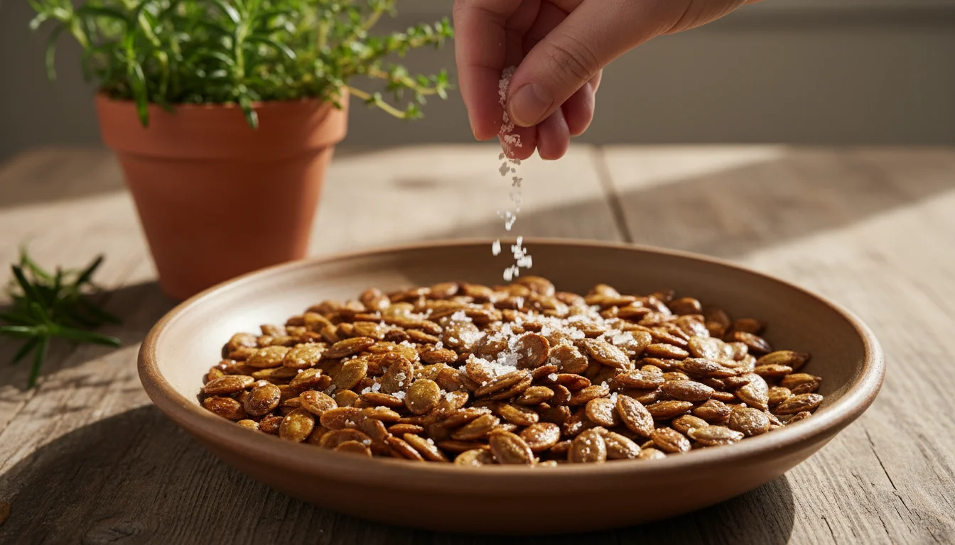 A hand sprinkles flaky sea salt over a bowl of warm, roasted pumpkin seeds, with a blurred herb pot in the background on a patio table.
