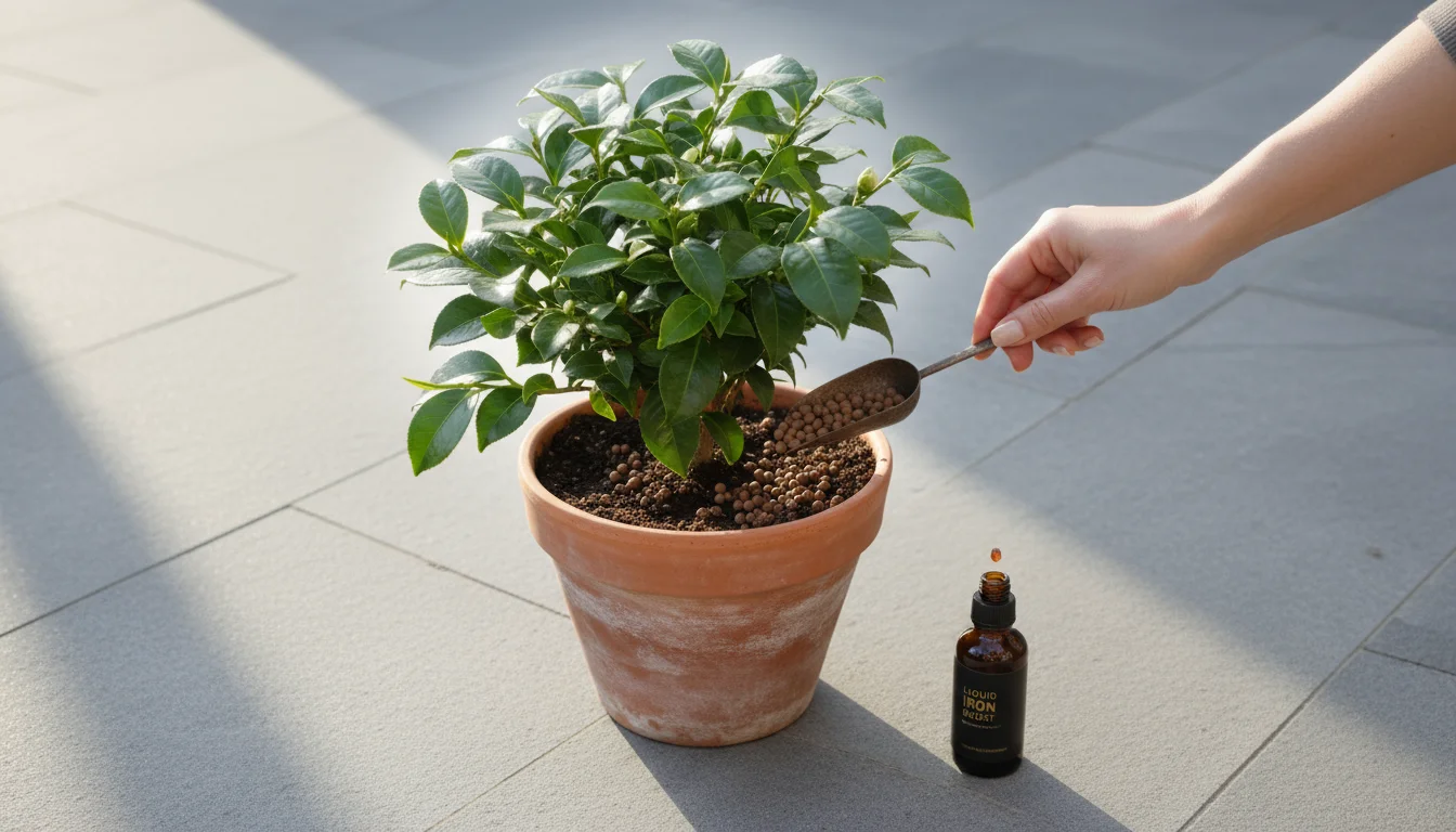 A hand sprinkles granular fertilizer onto the soil of a potted tea plant, with an iron supplement bottle nearby on a light surface.