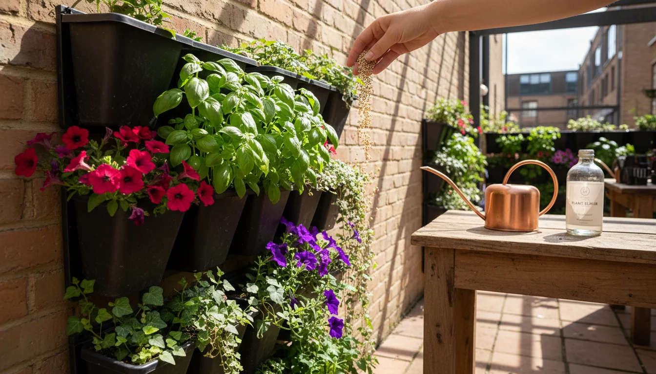 A hand sprinkles slow-release granular fertilizer into a basil plant in a vertical garden pocket. A watering can and liquid fertilizer are nearby.
