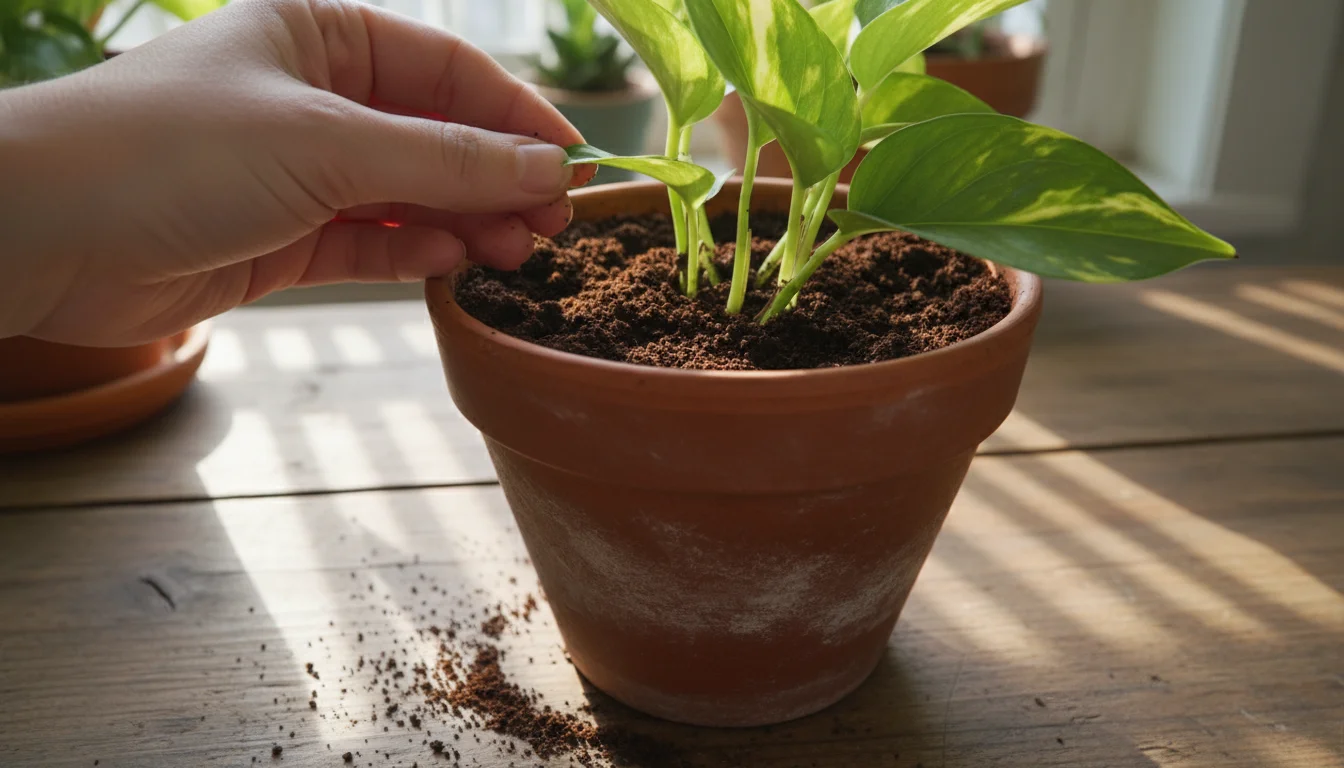 A hand sprinkles used coffee grounds onto the dark soil of a Pothos houseplant in a terracotta pot on a wooden table.
