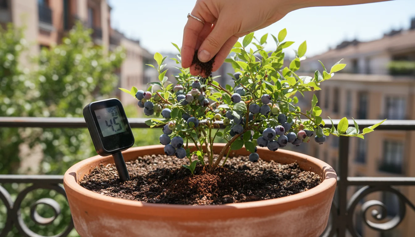 Hand sprinkling coffee grounds onto soil around a blueberry bush in a terracotta pot with a digital pH meter inserted on an urban balcony.