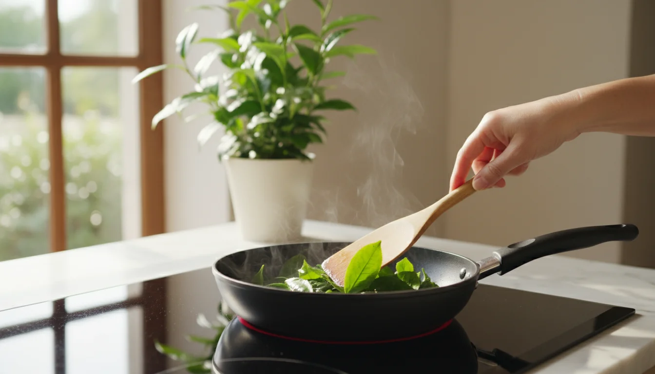 A hand stirs fresh green tea leaves in a non-stick pan on a stovetop in a sunny kitchen.