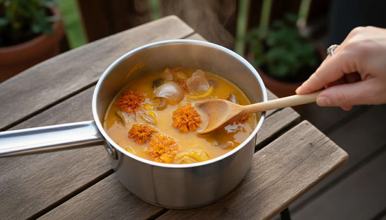 A hand stirs a simmering pot of vibrant orange-yellow dye, infused with marigolds and onion skins, on a wooden patio table.